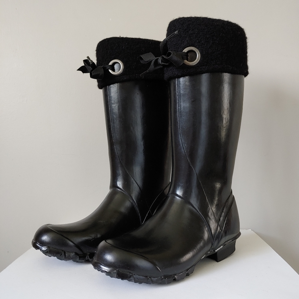 Bogs Alex Rubber Rain Boots Waterproof Lined Size 8 EU 39 Wool Collar Black